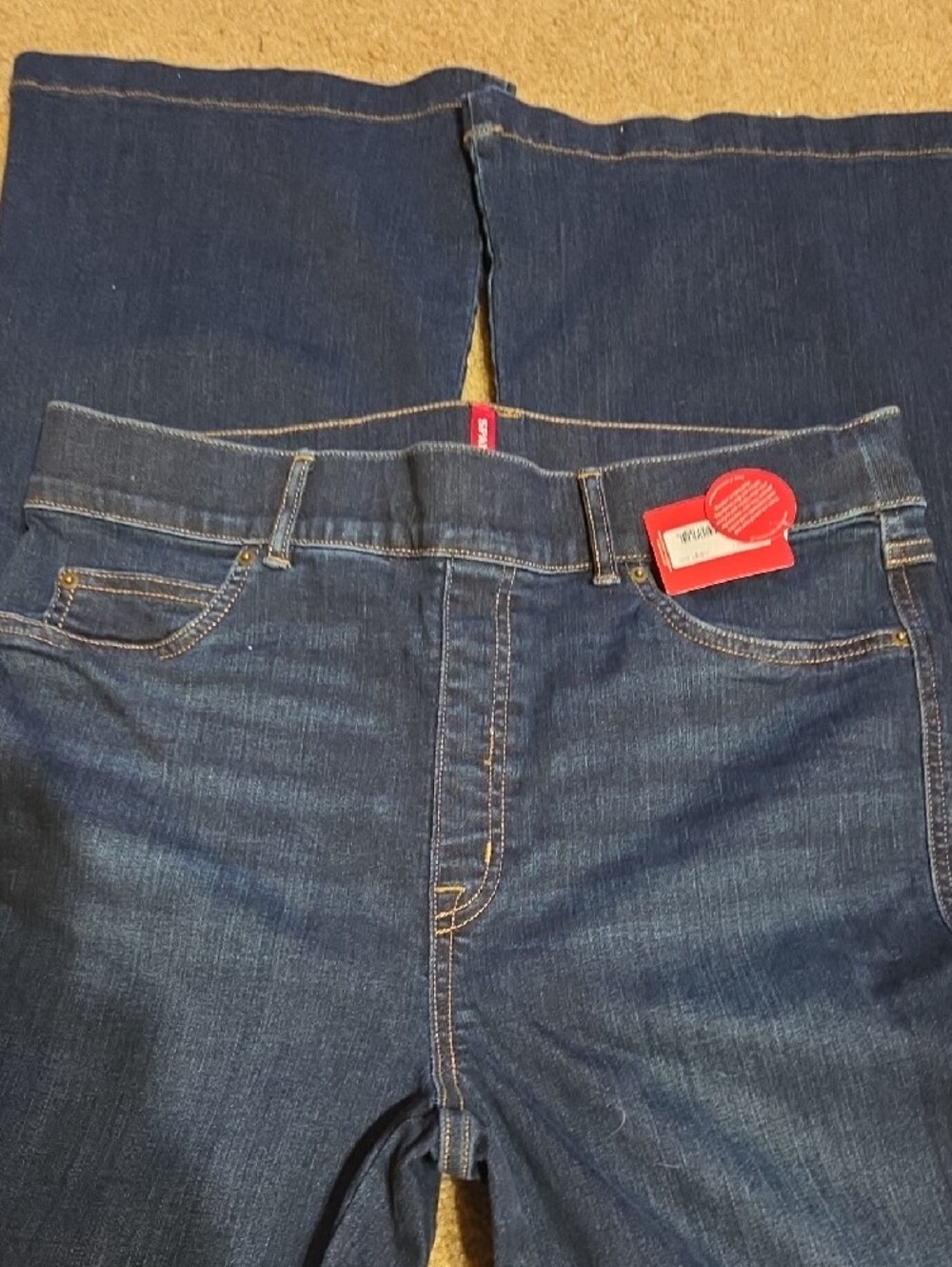 SPANX Jeans Midnight Shade Dark Blue Flare Pull On- Women LONG LARGE L Tall - Picture 7 of 8